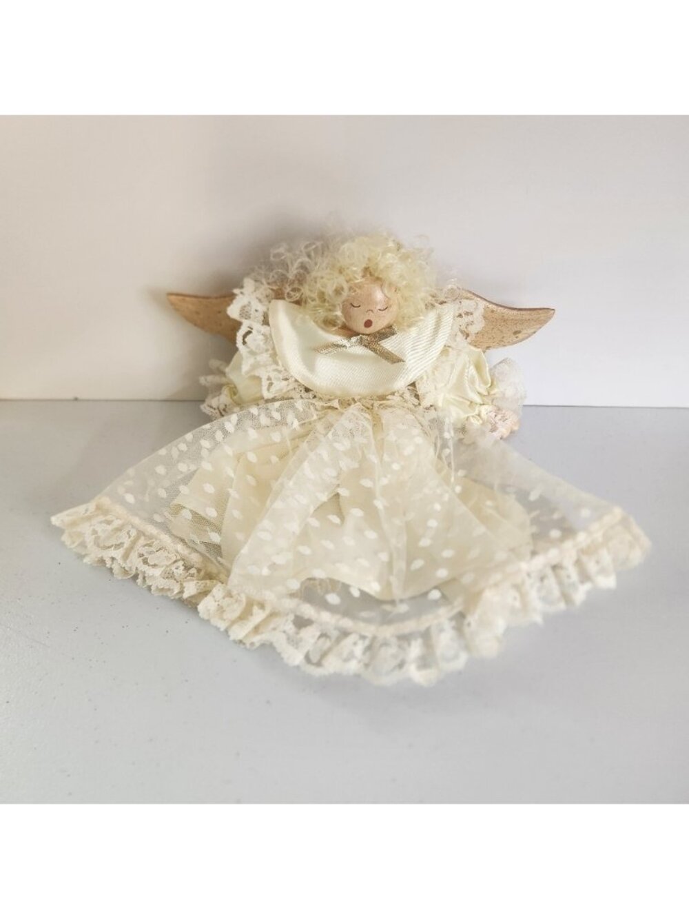 Vintage Handmade Wood Lace Angel Shelf Sitter Decor Christmas 90s 1990s Rustic